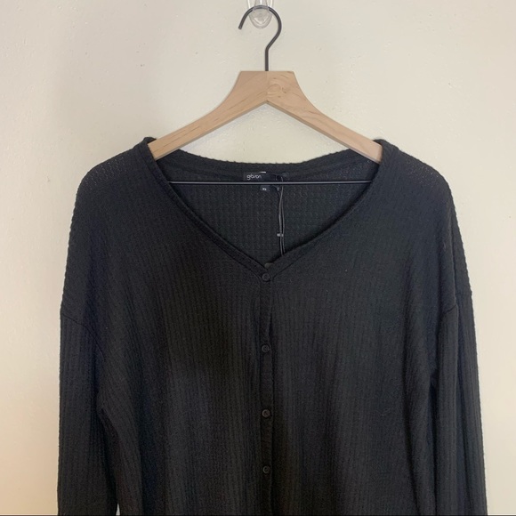 NWT Gibson Black Thermal Waffle Knit Tie Front Button Down Top XS - Picture 4 of 11